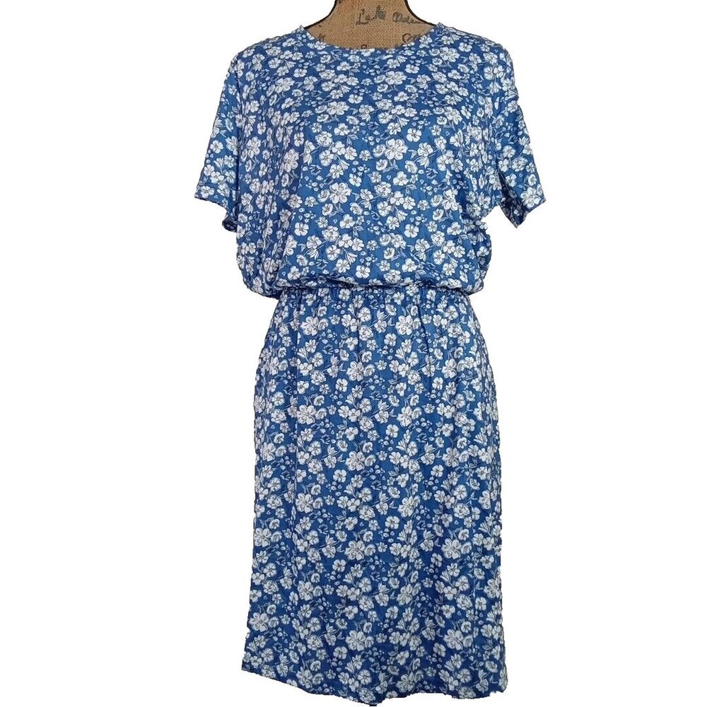 Tickled Teal Dress XL Blue White Floral Elastic Waist Stretch Pockets‎ Short Sl